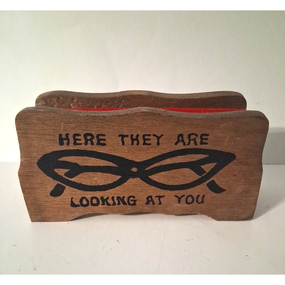 Vintage MCM Wooden Cat Eye Glasses Holder "Here They Are Looking at You"